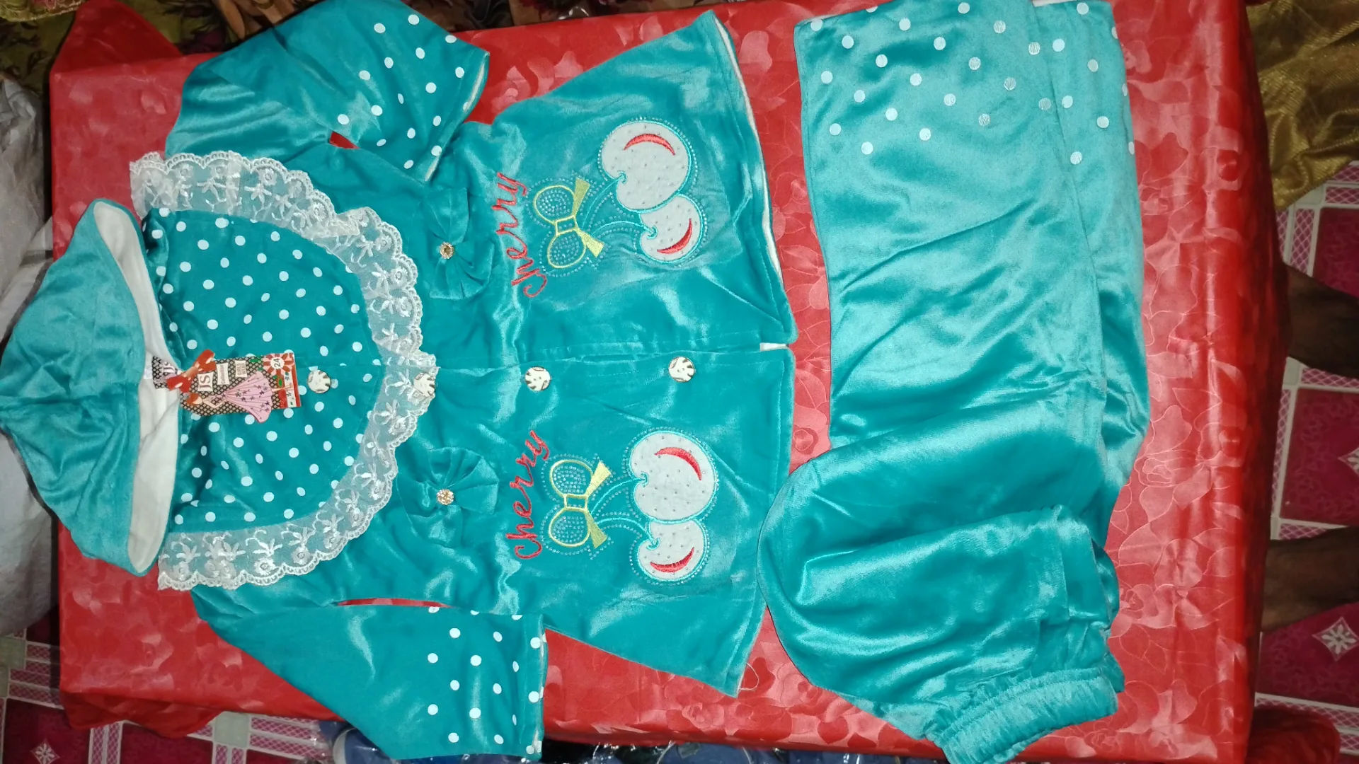 Turquoise Cherry Print Hooded Velvet Suit