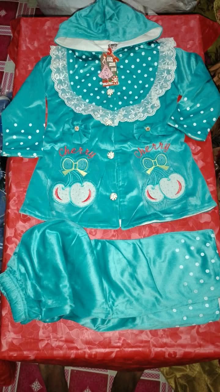 Cherry Print Hooded Velvet Outfit - Turquoise